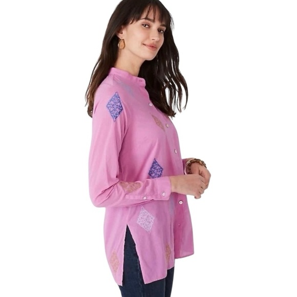 J Jill Pink Embroidered Tunic Top Small Cotton Art To Wear Button Front Blouse - Picture 3 of 8